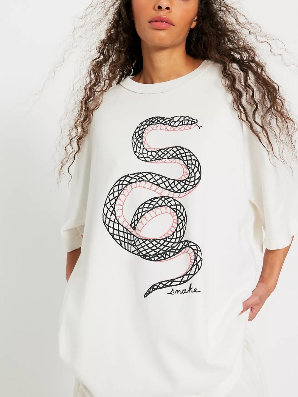 We The Free White Tee with Black & Red Embroidered Snake, Size XL